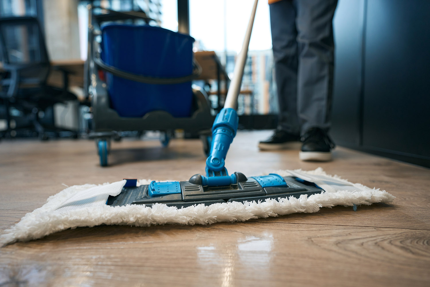 Work of cleaning company specialists in the coworking area, workers use a mop and buckets on a special cart